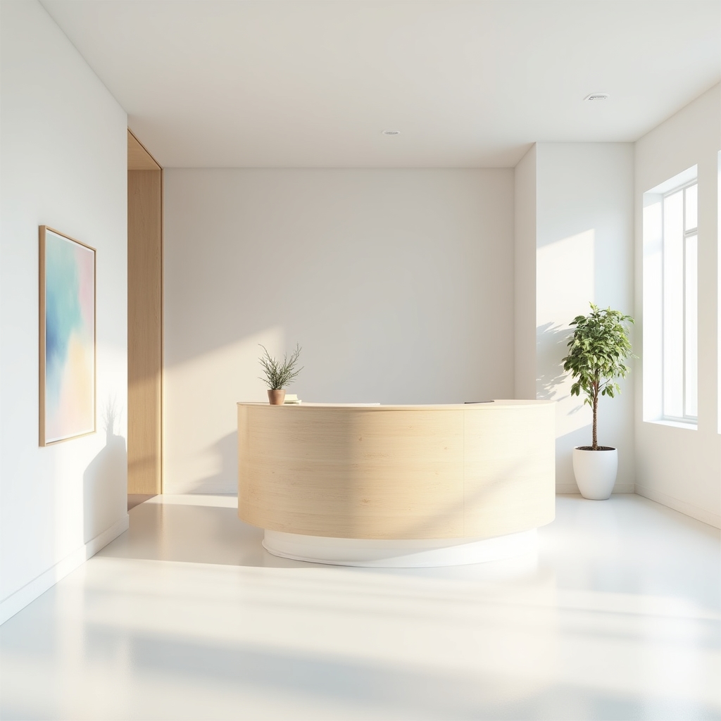 Recepție luminoasă cu pereți albi și mobilier minimalist la birourile din Iași