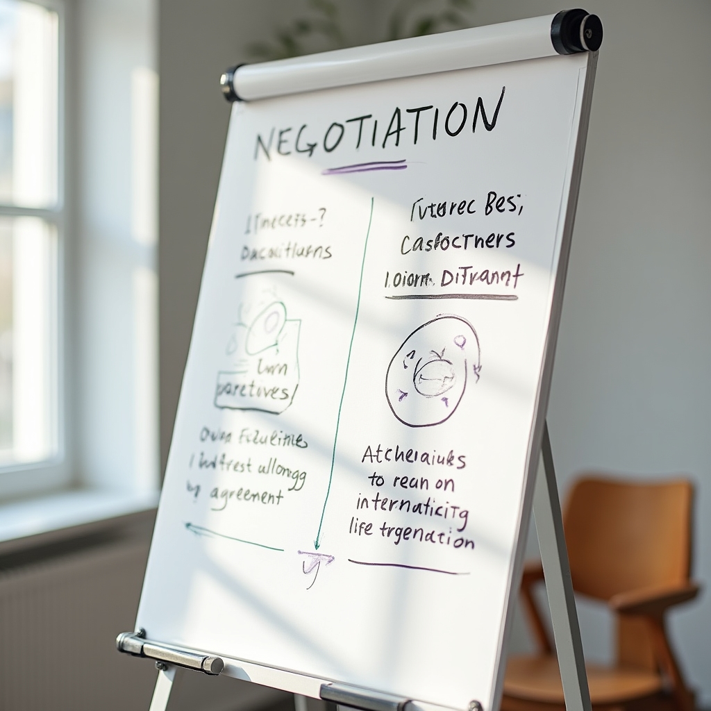 Flipchart cu notițe scrise de mână despre tehnici de negociere bazate pe metoda Harvard