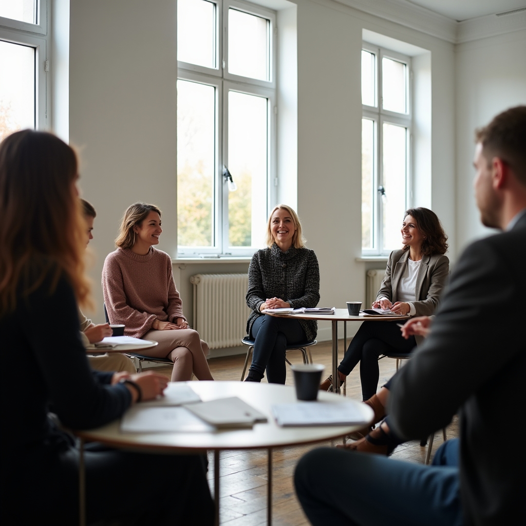Grup mic de participanți la un workshop de negociere comercială organizat la Timișoara