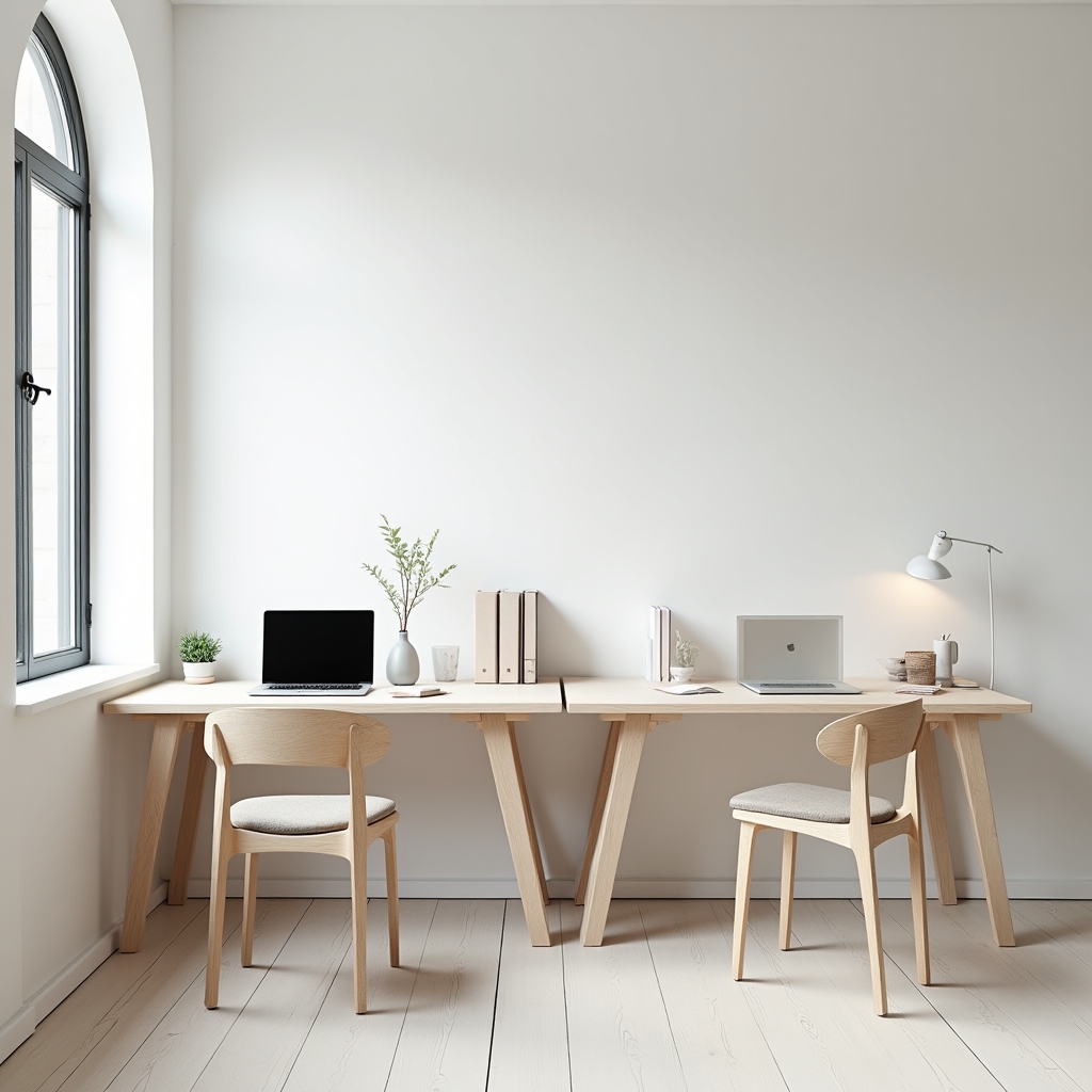 Spațiu de lucru cu birouri simple și lumină naturală, unde este pregătit conținutul workshop-urilor